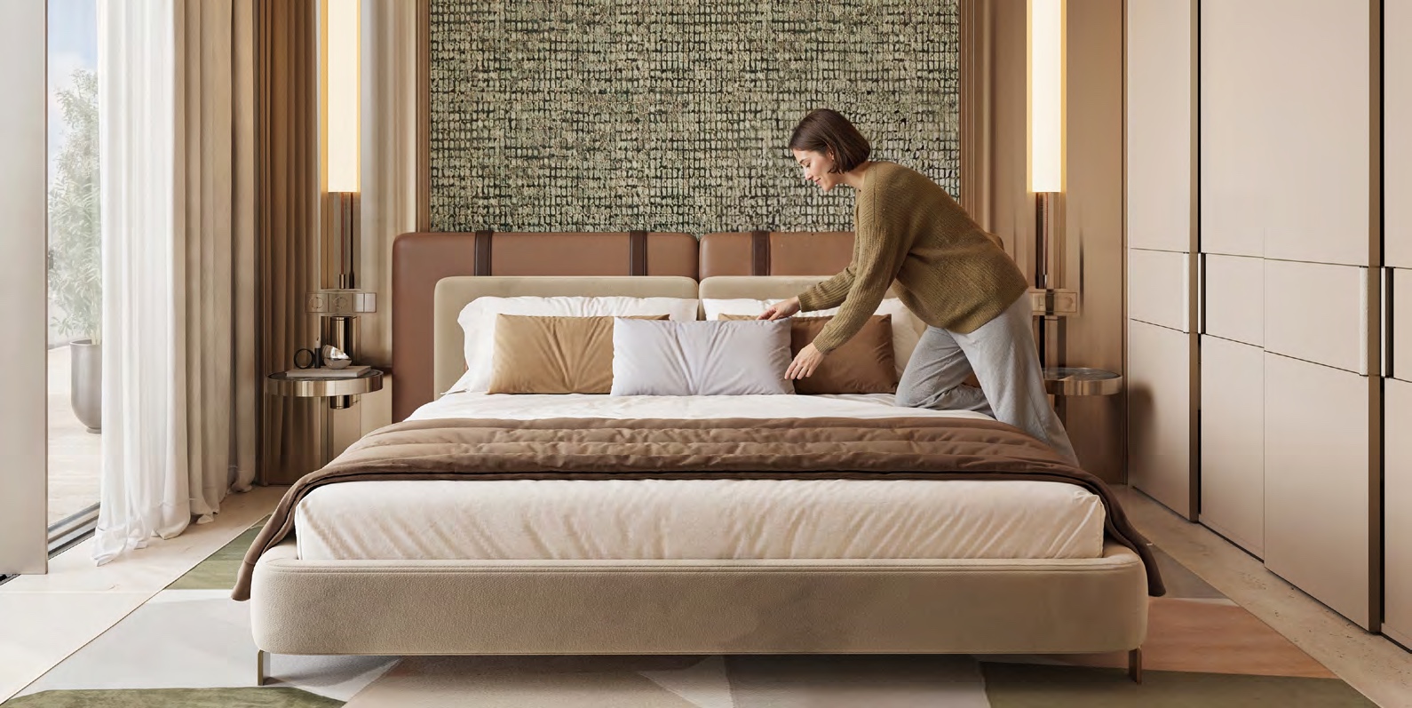 Camera da letto di Binghatti Spectre nei toni caldi della palette, render ufficiale