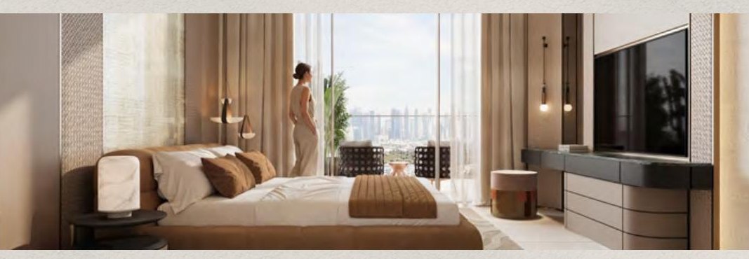 Camera da letto con vista sullo skyline di Dubai, render ufficiale