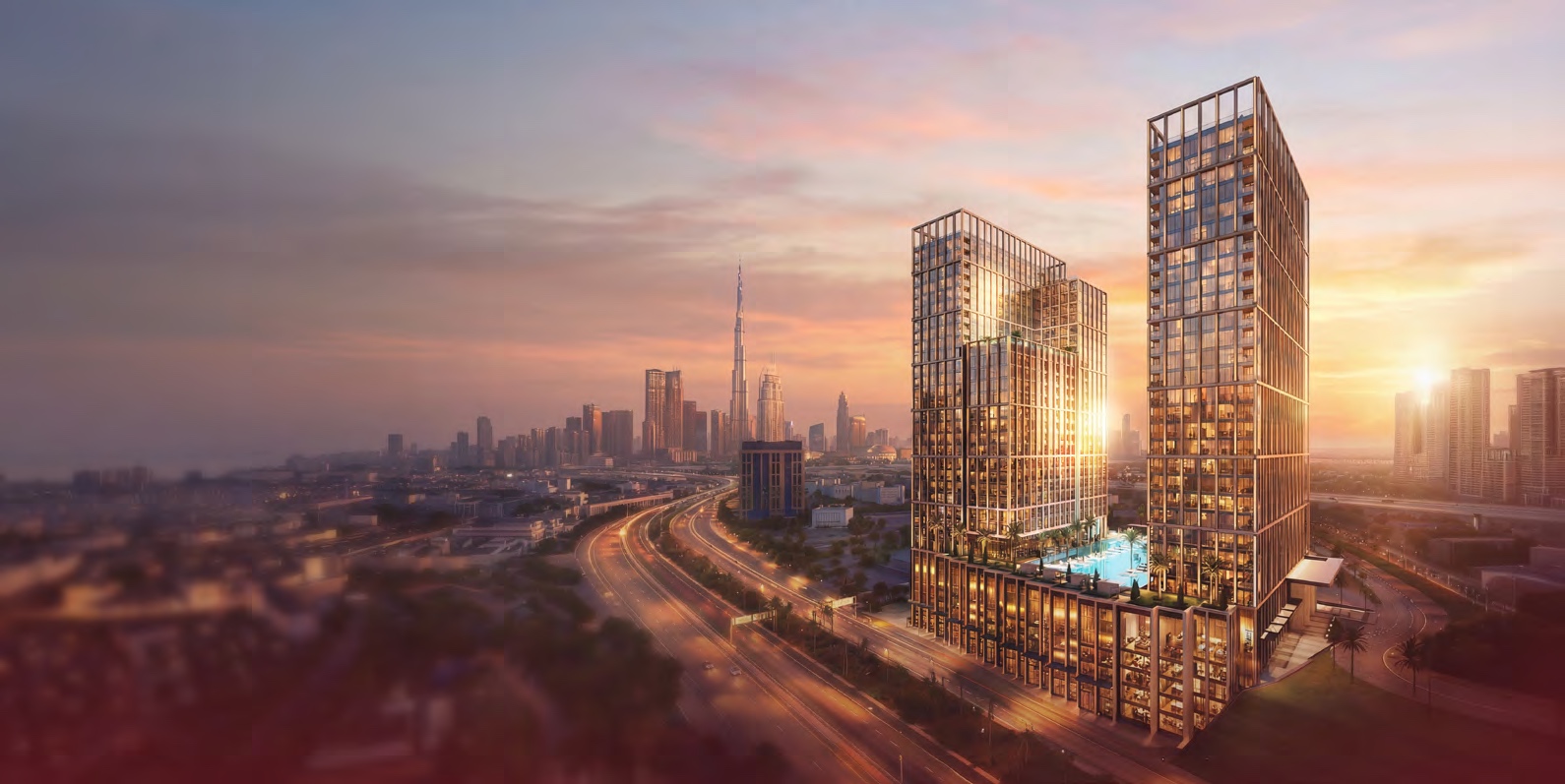 Le due torri di Binghatti Spectre al tramonto ad Al Jaddaf con il Burj Khalifa sullo sfondo, render ufficiale Binghatti