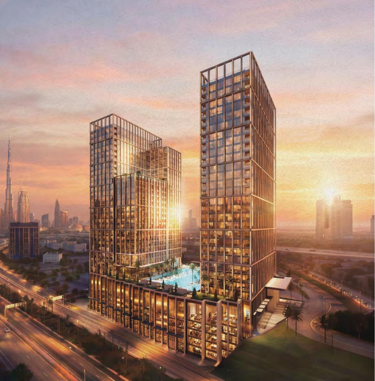 Le due torri di Binghatti Spectre al tramonto con il Burj Khalifa sullo sfondo, render ufficiale Binghatti