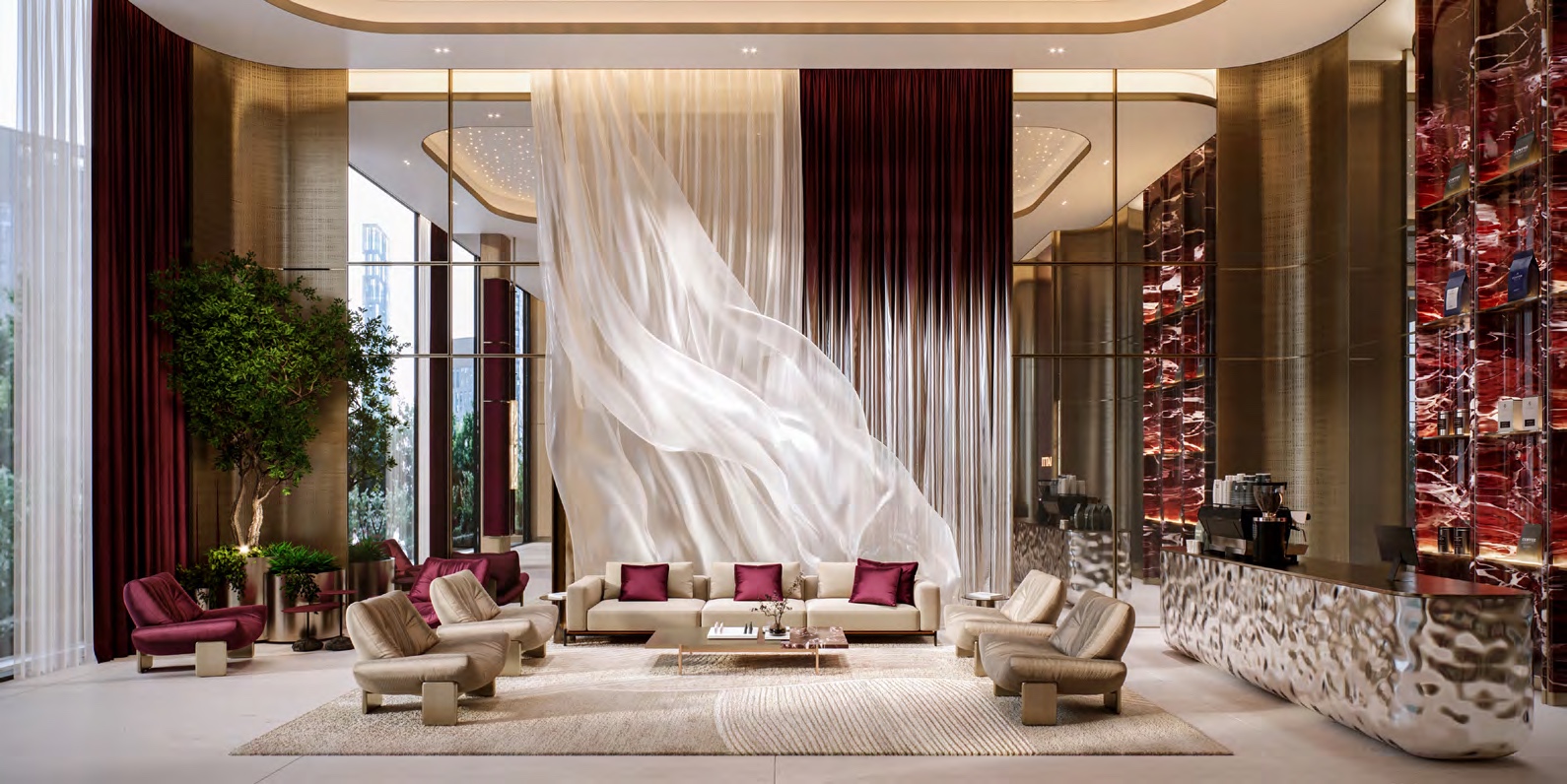 La lobby di Binghatti Spectre con marmi rossi e sedute champagne, render ufficiale