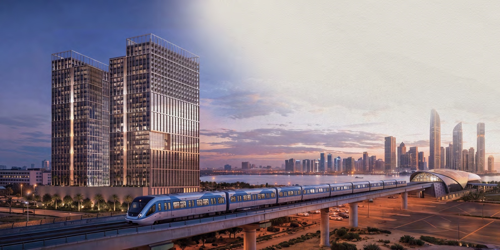 Binghatti Spectre e la metropolitana di Dubai con il Creek sullo sfondo, render ufficiale