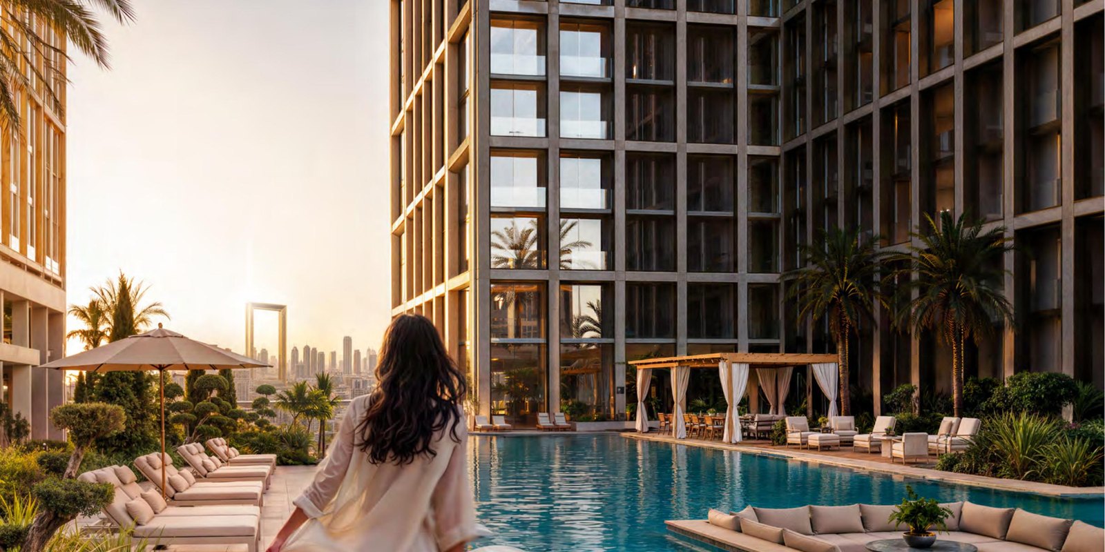 La piscina del podio di Binghatti Spectre con il Dubai Frame all'orizzonte, render ufficiale