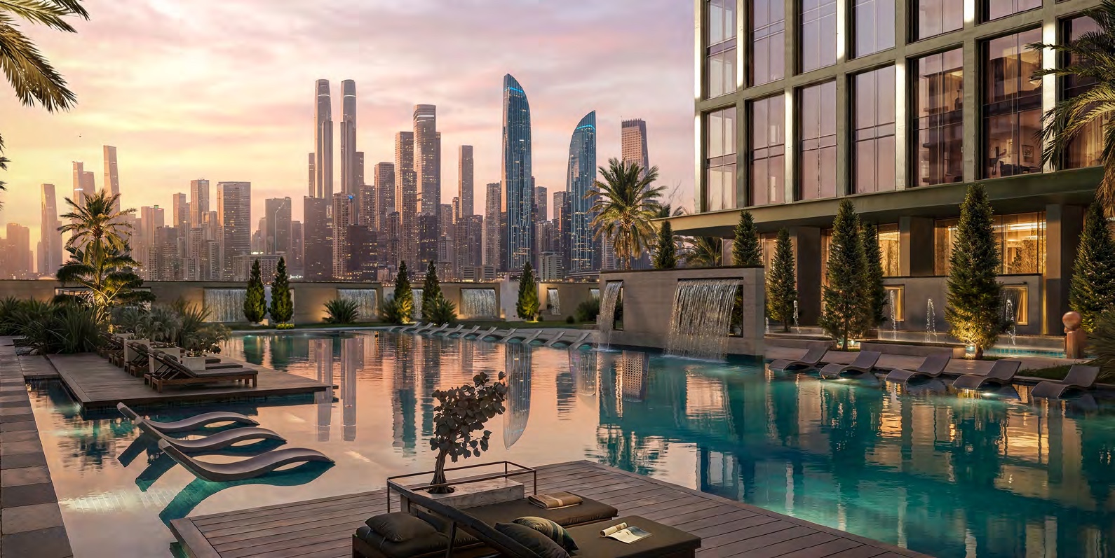La piscina del podio di Binghatti Spectre con lo skyline di Business Bay all'orizzonte, render ufficiale