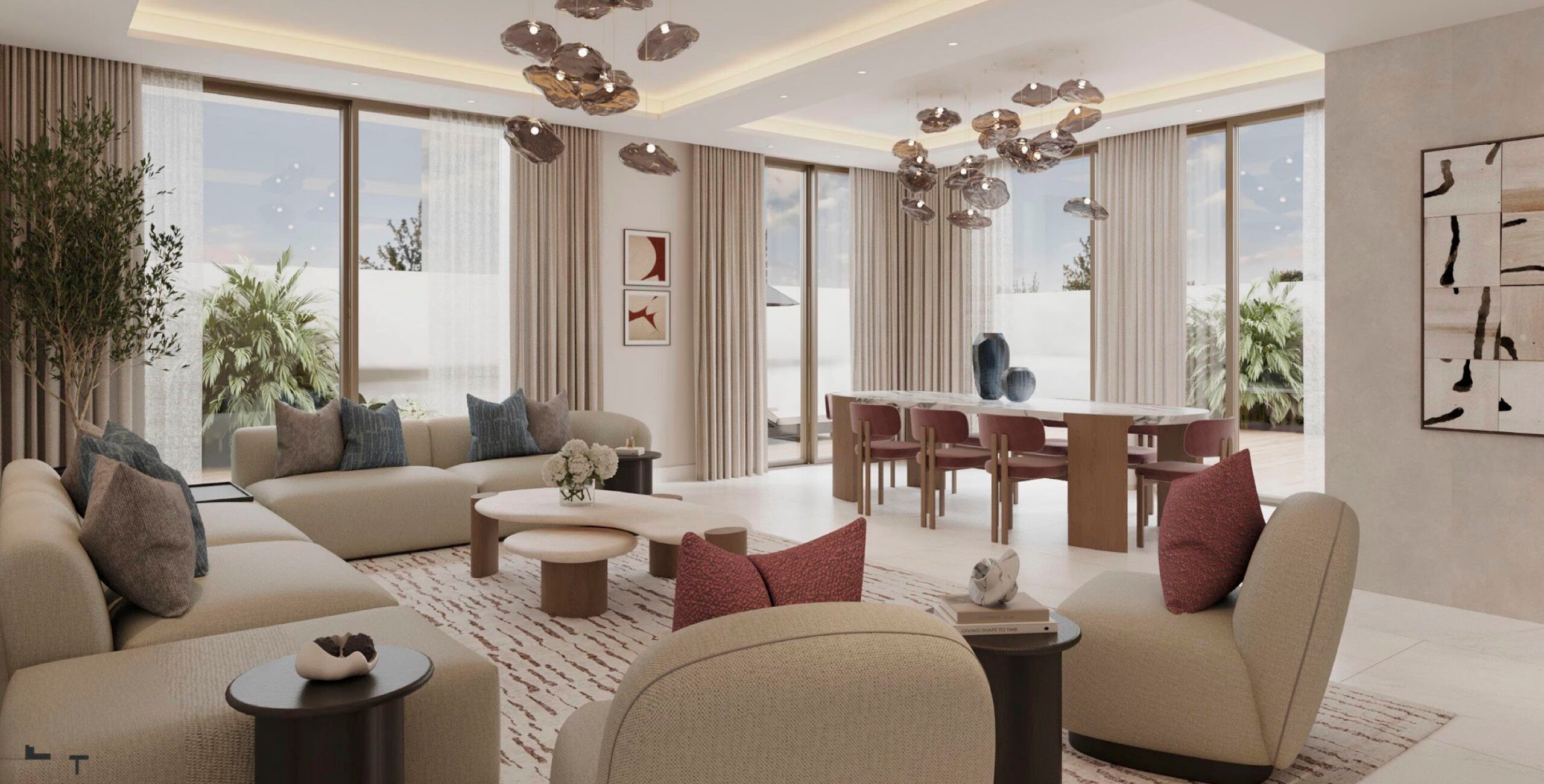 Living e sala da pranzo di una townhouse Hayat nei toni neutri, render ufficiale