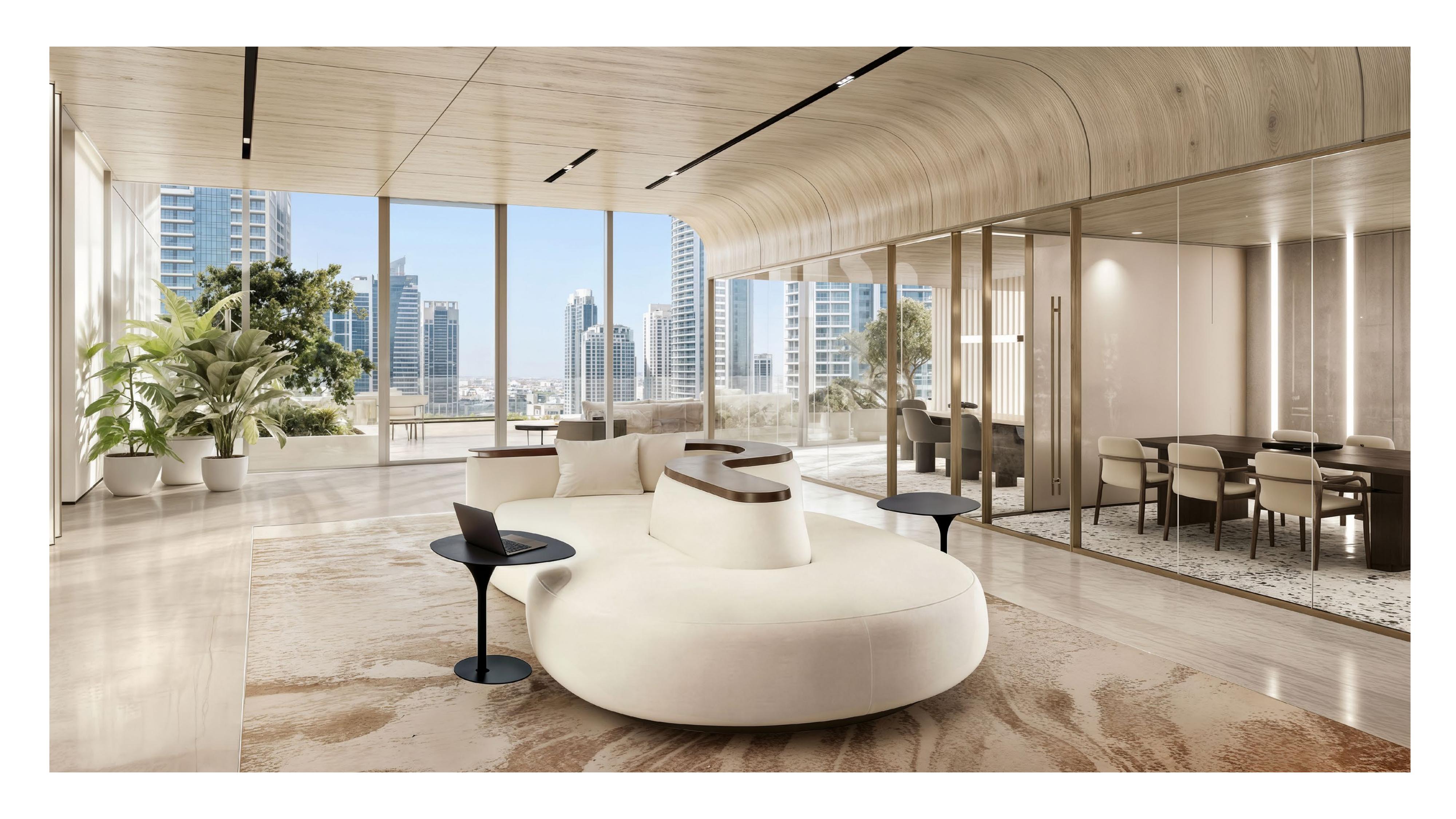 Interni ufficio con lounge e vista sulla città