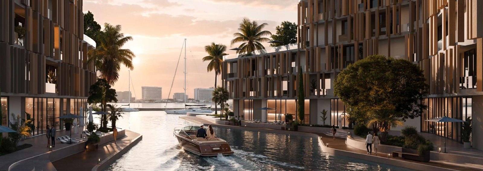 Il canale interno di The Wadi con la marina al tramonto, render ufficiale