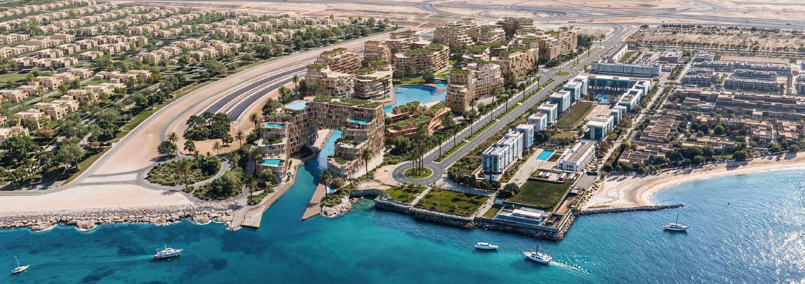 Vista aerea di The Wadi su Yas Island: laguna, canale e spiaggia, render ufficiale Cosmo Developments